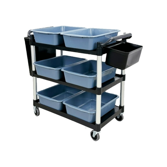 Utility Rolling Cart with Wheels, Restaurant Kitchen Cart with 2 Side Trash Bin, Trolley, Black, Commercial