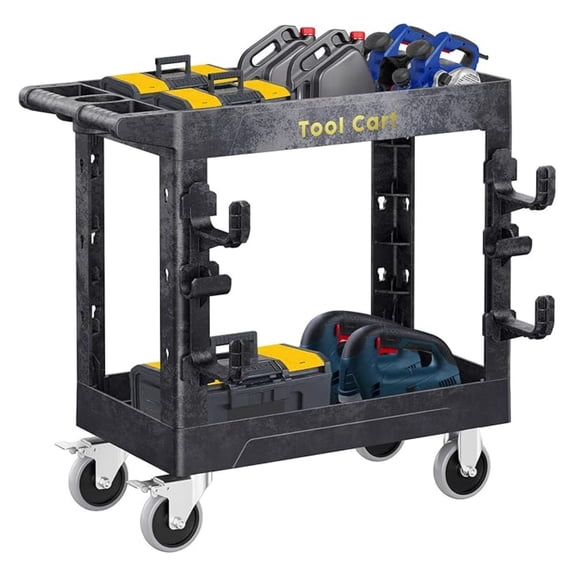 Utility Rolling Tool Cart,34x 17 Plastic Utility Carts on Wheels, 2 Shelf 850lbs Heavy Duty Cart&Hook, Service Cart for Warehouse, Garage, Warehouse, Office, Cleaning-Black