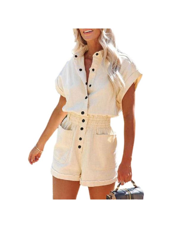 Utility Romper Shorts Button Down Rompers For Women Summer Short Sleeve Jumpsuit