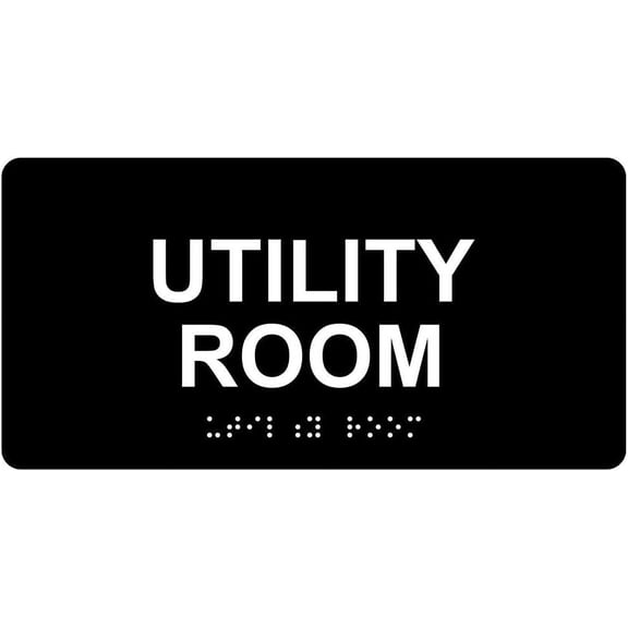 Utility Room Braille Sign, ADA-Compliant Braille and Raised Letters, 8x4 inch Black with Adhesive Mounting Strips
