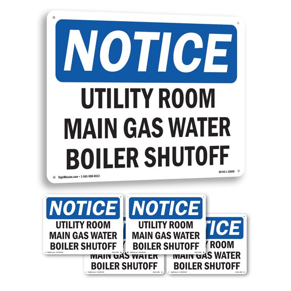 Utility Room Main Gas Water Boiler Shutoff OSHA Notice Aluminum Sign 10 Inch x 7 Inch - 5 Pack
