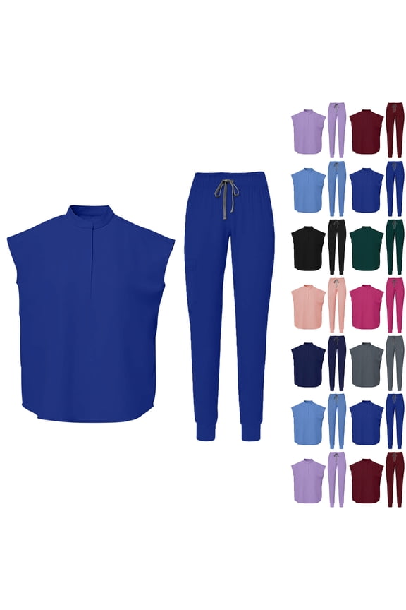 Utility Scrub Set for Women, V-Neck Short Sleeve Top with Multiple Pockets & Elastic Waist Pants, Functional Nurse Uniform for Tools Wine S