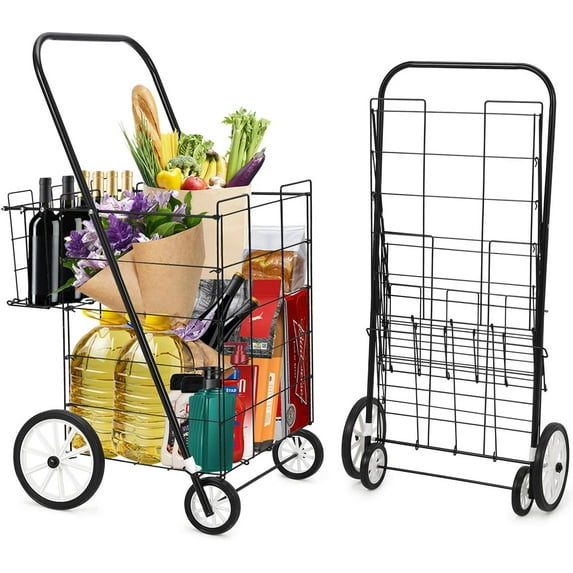 Utility Shopping Cart with Double Basket, Foldable Rolling Carts for Groceries, Grocery Cart with Wheels for Laundry, Shopping, Luggage Portable Shopping Cart, Black