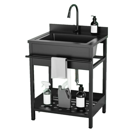 Utility Sink, 304 Stainless Steel Free Standing Sink with Hot/Cold Pull-Out Faucet  Heavy Duty Laundry Sink for Workshop, Garage, Greenhouse, Pet Care