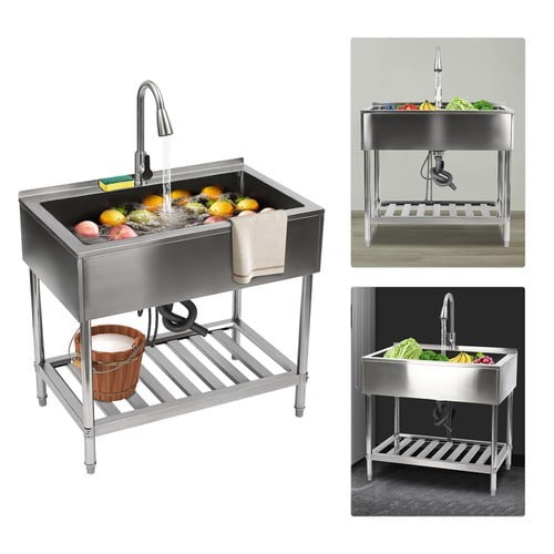 Utility Sink, 35.8" L x 23.2" W x 34.3" D Free Standing Single Bowl Kitchen Sink with Cold and Hot Water Faucet, Commercial Stainless Steel Laundry Tub for Kitchens, Bathrooms, Garage, Laundry Room
