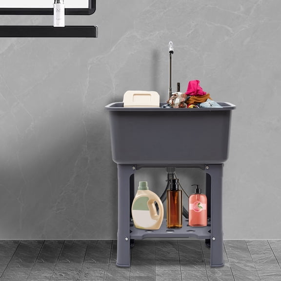 Utility Sink With 360 Rotatable Faucet, Freestanding Laundry Sink with Storage Shelf, Heavy Duty Laundry Tub with Washboard, Ideal for Basement, Garage or Wash Room (Gray)