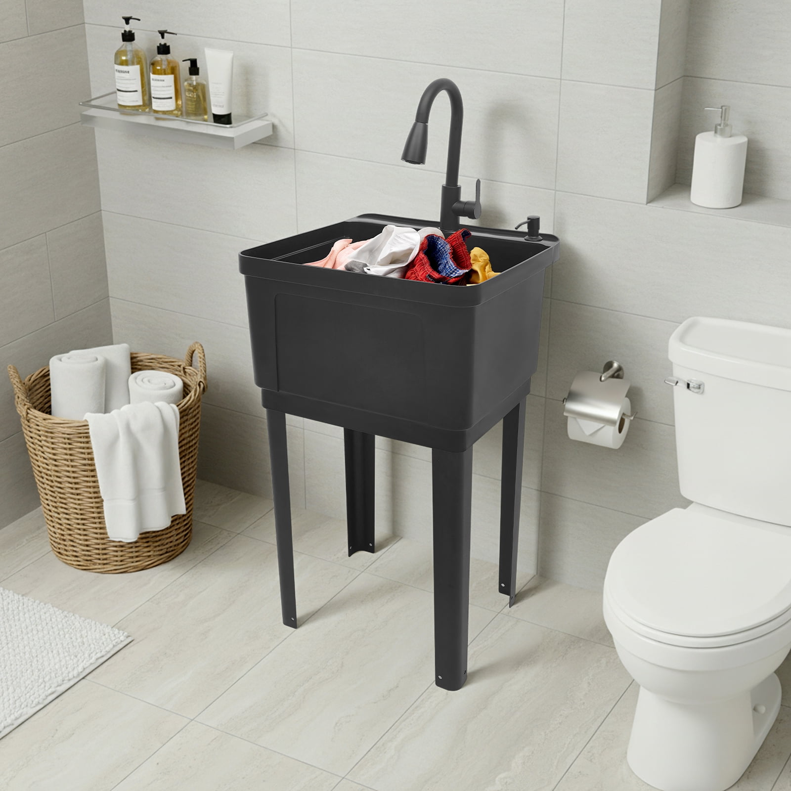 Utility Sink with 360° Rotatable Faucet & Pull Out Sprayer 19.6" L x 19" W x 35" H Freestanding Laundry Tub Sink Single Bowl Kitchen Sink for Laundry Room Bathroom Farmhouse (Black)