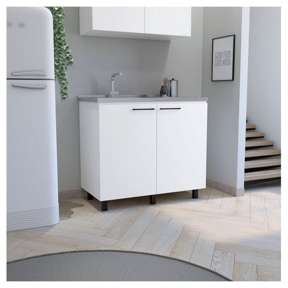 Utility Sink with Cabinet - Stainless Steel Drop-in Sink - White Bathroom Laundry Room Sink - Napoles 2 Utility Sink with Adjustable Shelf - 43.3" Kitchen Workstation