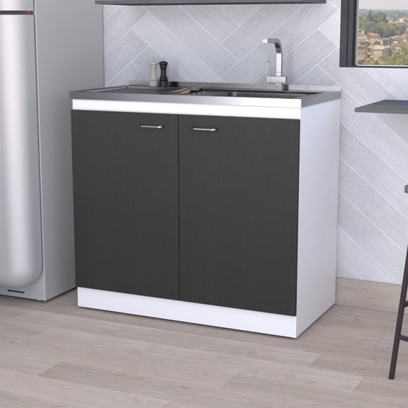 Utility Sink Cabinet With Double Door Storage - Stainless Steel Countertop For Kitchen Shelving
