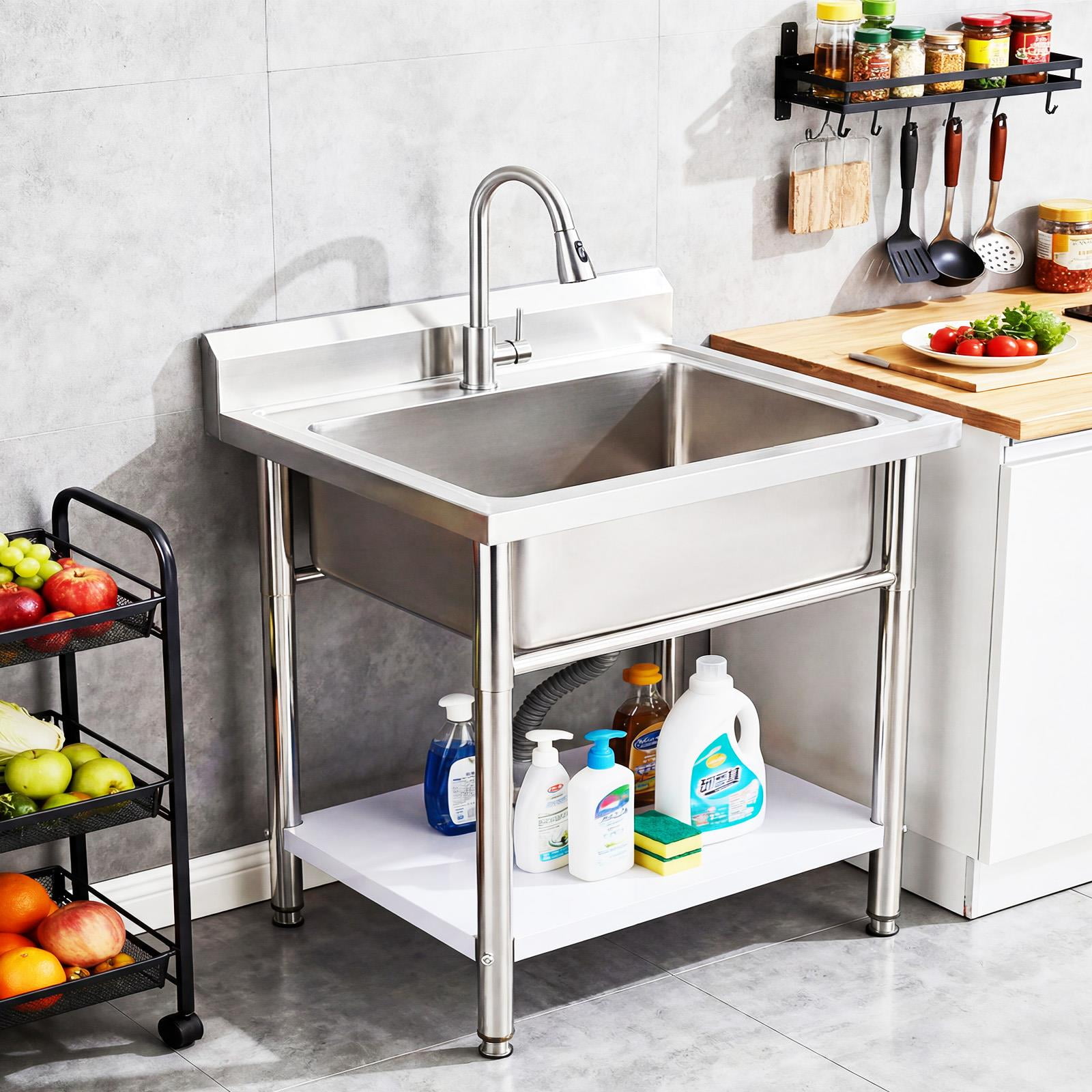 Utility Sink, Commercial Sink, Outdoor Freestanding Kitchen Sink with Hot & Cold Water Pipes and pull-out Faucet, Stainless Steel Freestanding Single Bowl Laundry Sink for Car Wash Station