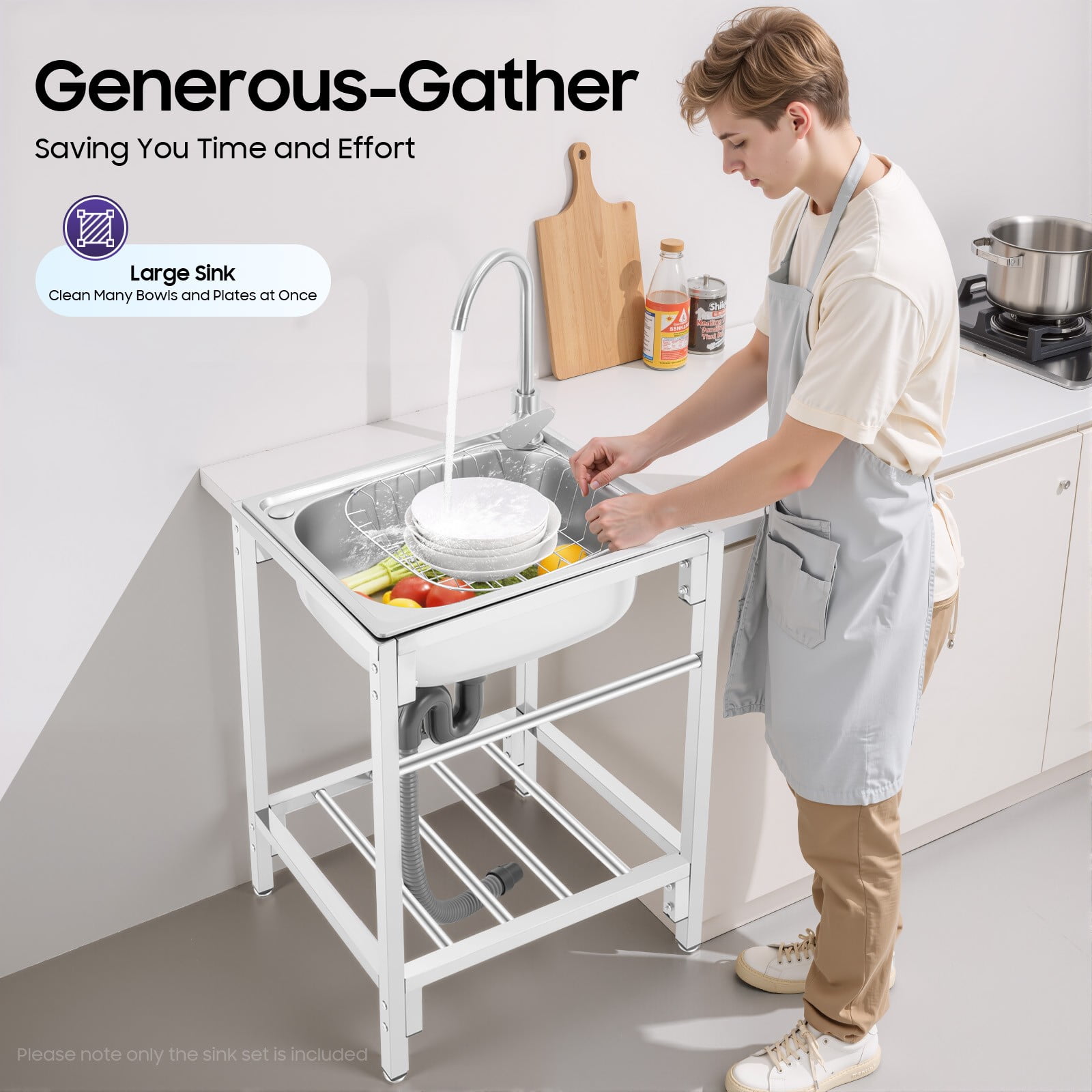 Utility Sink Free Standing Single Bowl Kitchen Bathroom Sink With Faucet + Stand for Cleaning Food, Fruits, And Vegetables, And Any Kitchen, Bar, Restaurant, Dessert Shop, Clean Room, Cafeteria