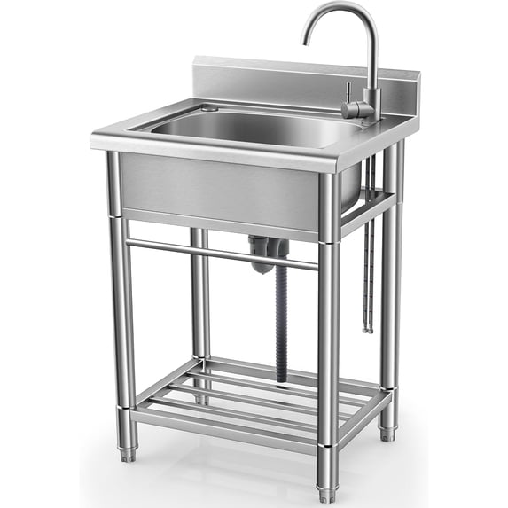 Utility Sink Free Standing Single Bowl Kitchen Sink with Cold and Hot Water Pipe Stainless Steel Sink for Laundry Room Bathroom Farmhouse