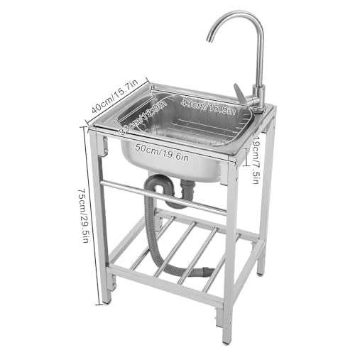 Utility Sink Free Standing Single Bowl Kitchen, Stainless Steel Basin Sink with Sewer Pipe and Cold & Hot Tap, Commercial Looking Sinks for Laundry Room Bathroom Farmhouse