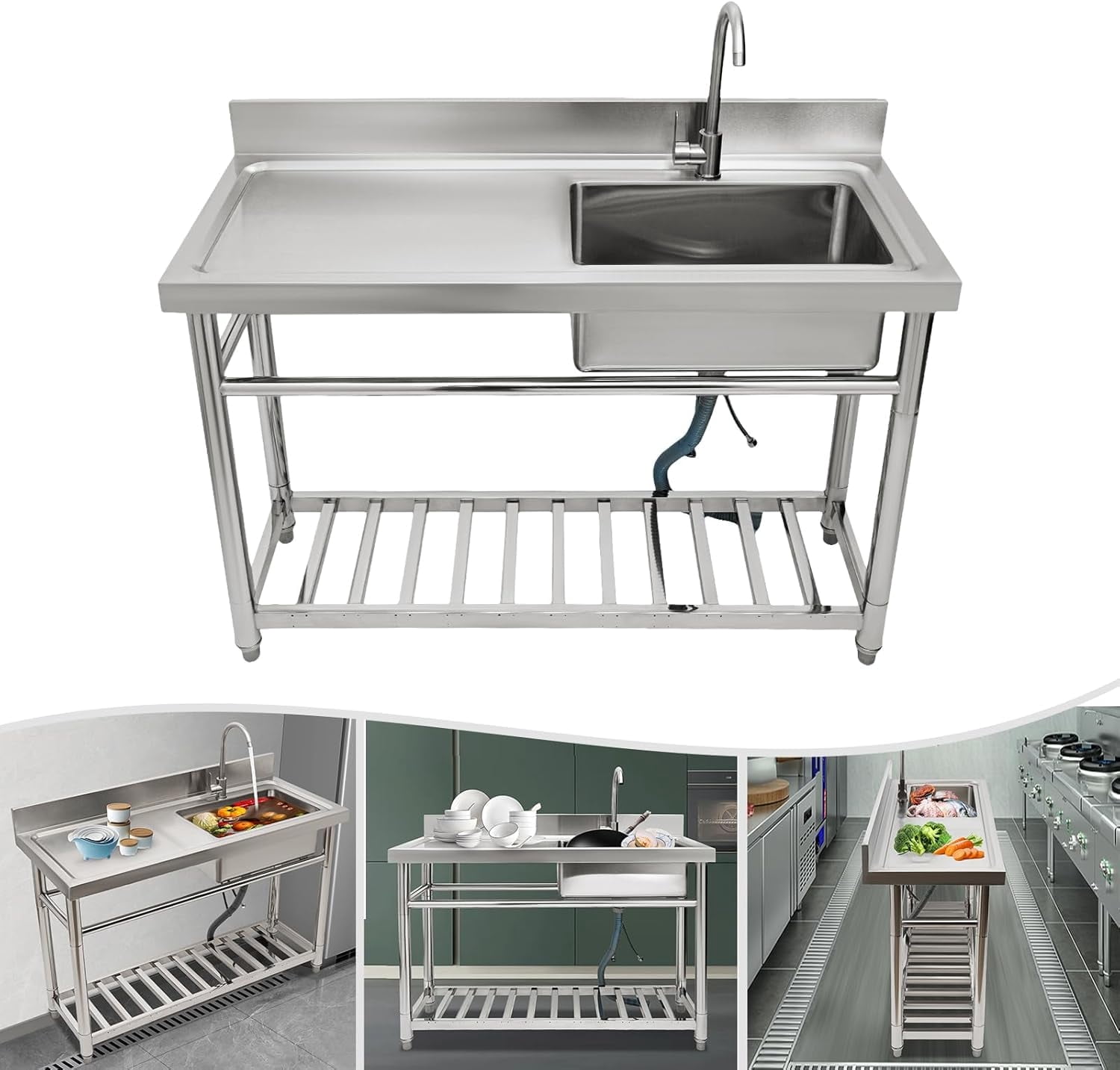 Utility Sink Free Standing Sink, Stainless Steel Sink, Feet Adjustable 0.39-1.18inch Commercial Laundry Sink for Garage, Restaurant