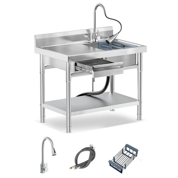 Utility Sink Freestanding Single Bowl Commercial Laundry Sink with Shelf board Hot and Cold Water Plumbing Stainless Steel Sink for Restaurant, Laundry Room, Garage, Kitchen