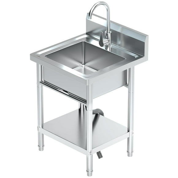 Utility Sink Freestanding Single Bowl Laundry Sink with Shelf board Hot and Cold Water Plumbing Stainless Steel Sink for Restaurant, Laundry Room, Garage, Commercial Kitchen