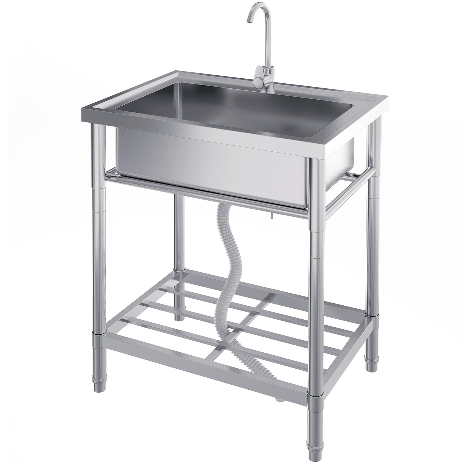 Utility Sink, Freestanding Single Bowl Laundry Sink with Hot and Cold Water, Stainless Steel Sink with Storage Shelf for Kitchen and Bathroom