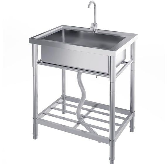 Utility Sink, Freestanding Single Bowl Laundry Sink with Hot and Cold Water, Stainless Steel Sink with Storage Shelf for Kitchen and Bathroom