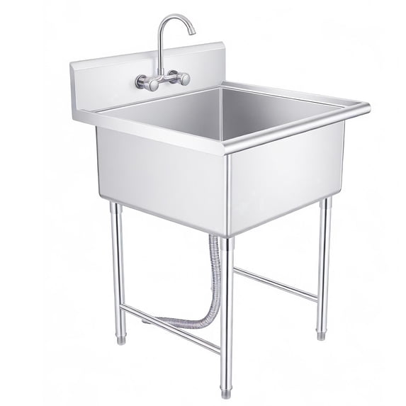 Utility Sink ,Kitchen Sink with Hot & Cold Water Pipes Include Faucet & legs, Heavy Duty Free-Standing Commercial Sink for Catering Truck Station