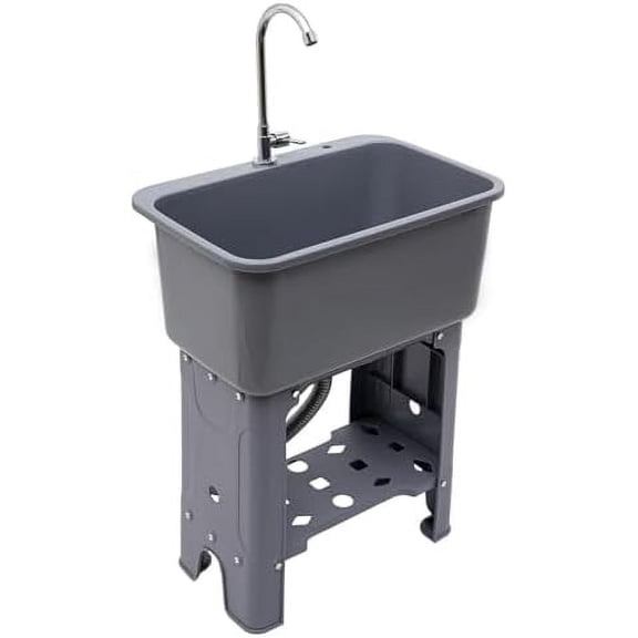 Utility Sink Laundry Tub, 48L Laundry Sink with 360° Rotatable Faucet Freestanding Laundry Washing with Storage Shelf Freestanding Plastic Laundry Sink with Washboard Hoses and Drain Kit (Gray)