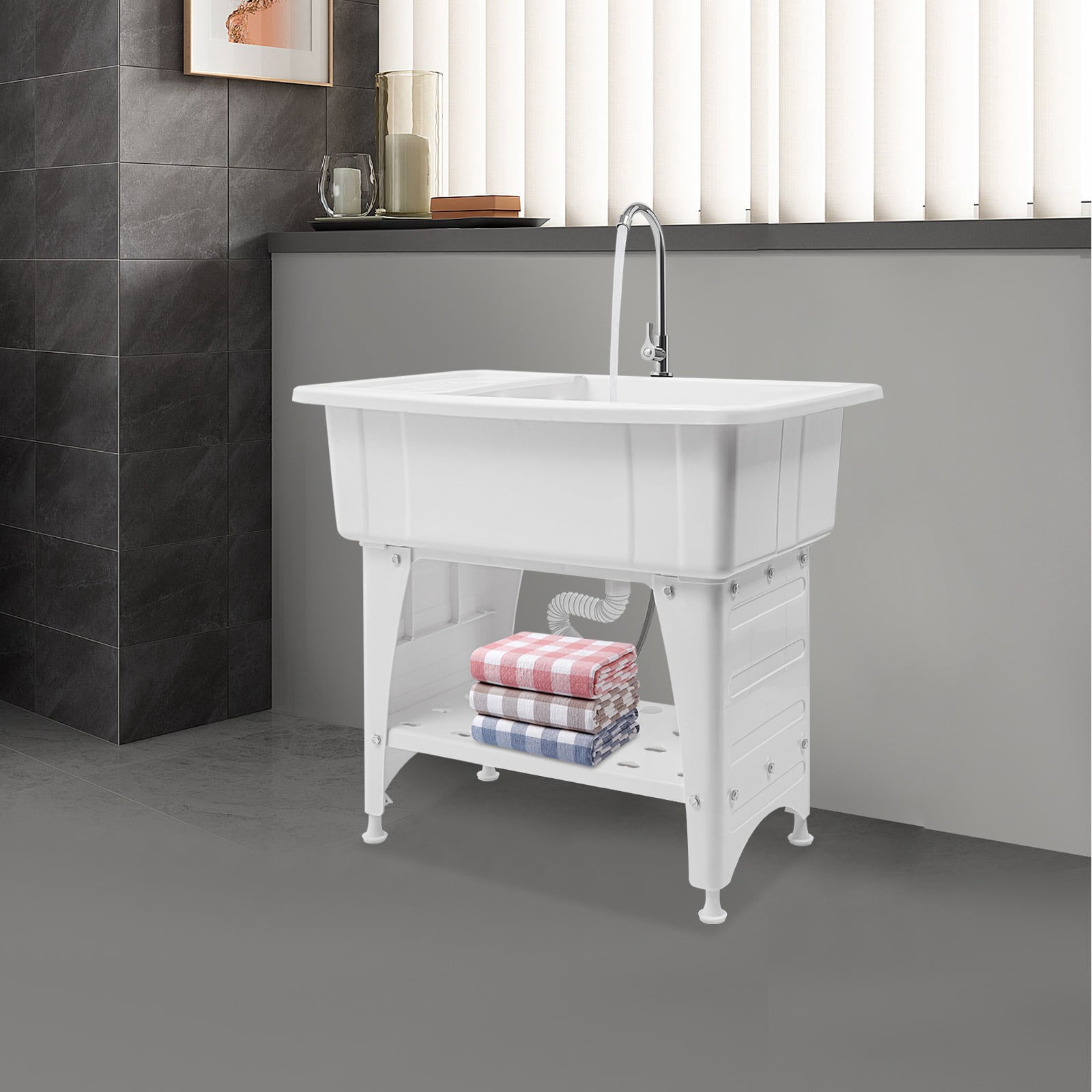 Utility Sink Laundry Tub Freestanding Laundry Sink With Drainboard+Faucet White
