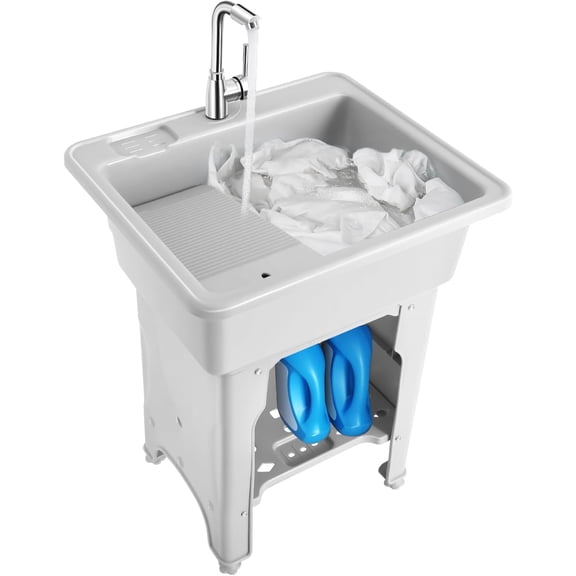 Utility Sink Laundry Tub,Freestanding Plastic Laundry Sink with Washboard, Slop Sink Garage Sink Portable Sink For Laundry Room, Garage, Bathroom, Kitchen (31.5in, Coffee)