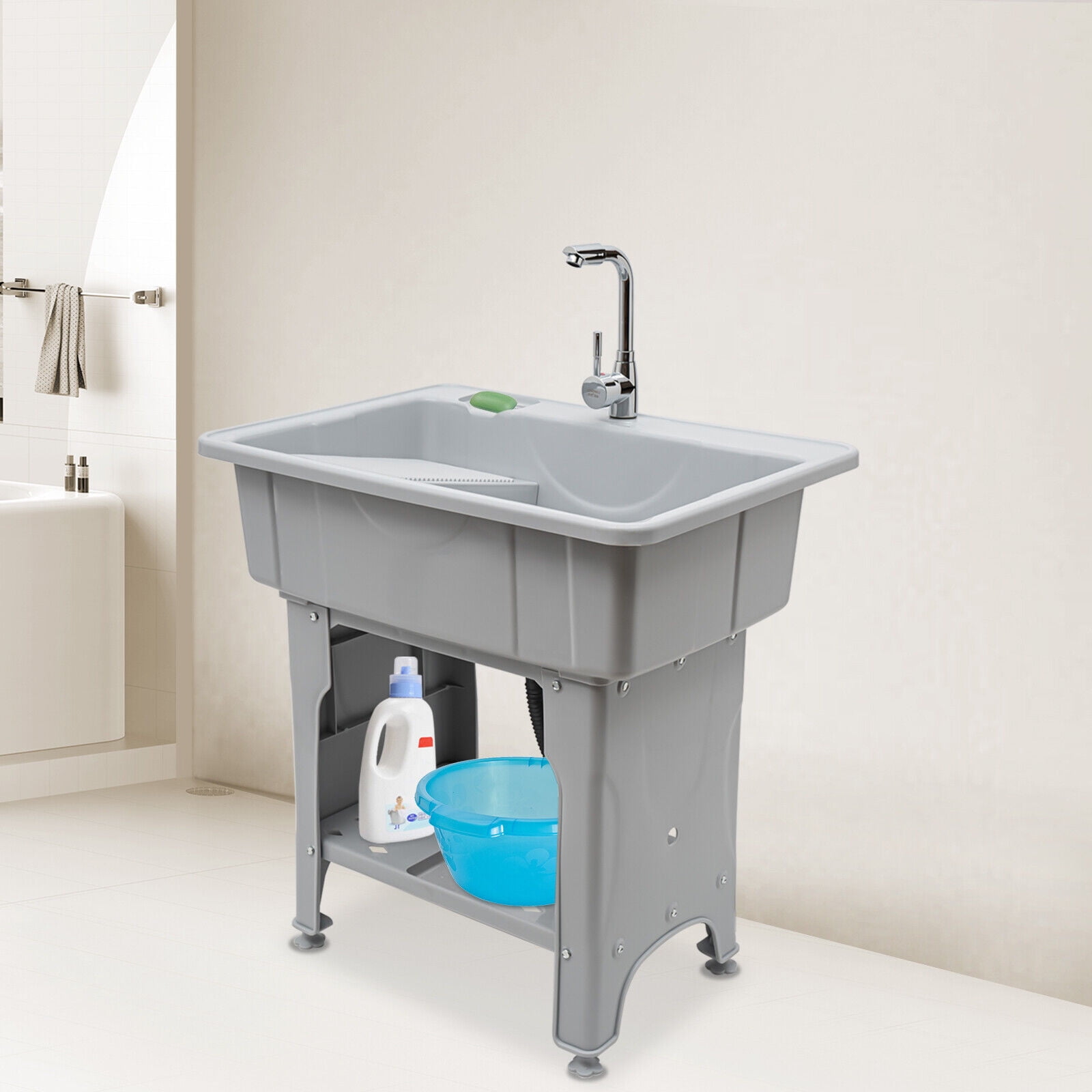 Utility Sink Laundry Tub Freestanding Sink Wash Station Basin with Storage Shelf