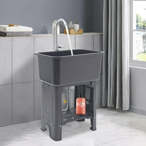 Utility Sink Laundry Tub with Large Cleaning Space, High Stability, Quick Drainage, Includes Faucet, Drain Pipe, and Water Inlet Hose, Easy to Install, Stylish Gray Color