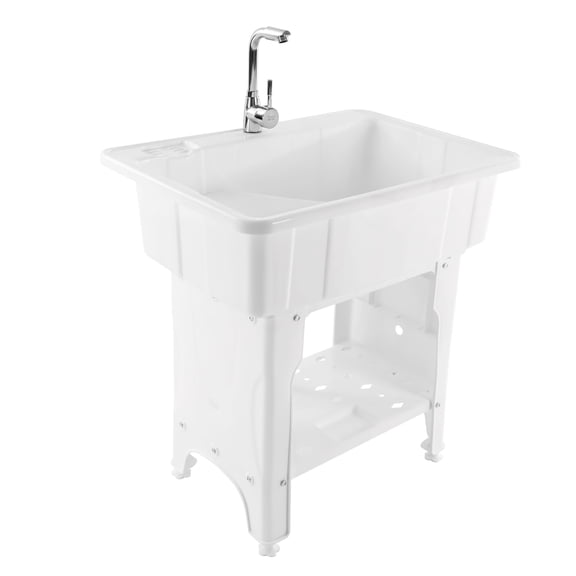 Utility Sink Laundry Tub, Plastic Construction, Hot and Cold Faucet, Ergonomic Design, Adjustable Feet