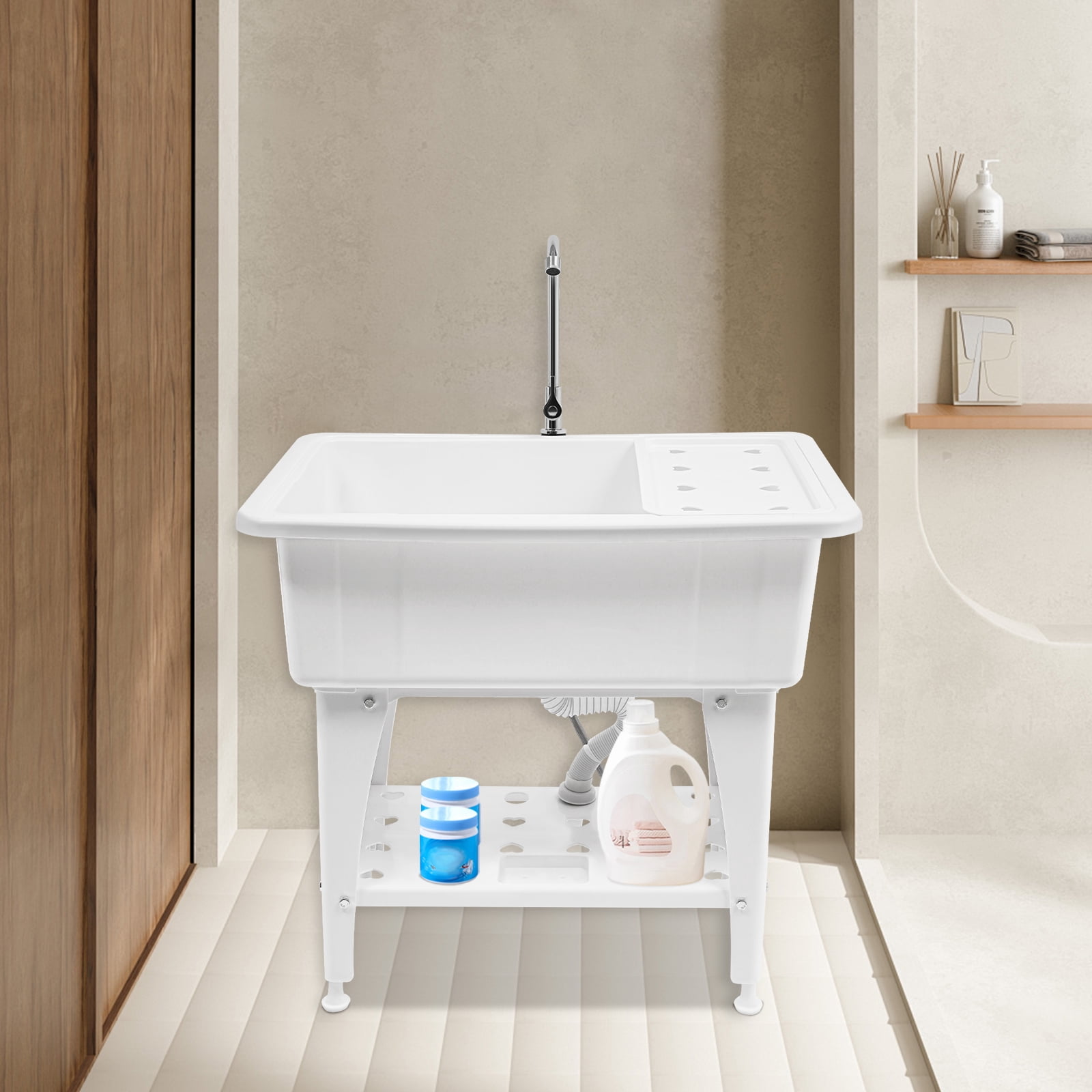 Utility Sink Laundry Tub for Washing Room, Freestanding Laundry Sink With Drainboard, Laundry Utility Sink with Faucet