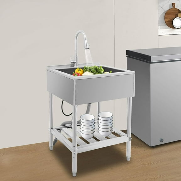 Utility Sink Stainless Steel Freestanding Large Basin Single Bowl Laundry Sink with Pull-out Faucet Commercial Kitchen Sinks with Lower Shelf for Restaurant, Garage, 25"W x 22"D x 34"H