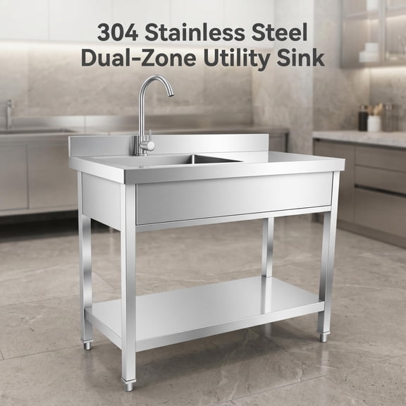 Utility Sink  Stainless Steel Work Table Sink, Commercial Kitchen Sink with Hot/Cold Faucet, 360 Swivel, Lower Storage Shelf, for Garage, Laundry, Restaurant, Garden