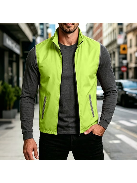 Utility Sleeveless Stand Collar Zipper Cardigan Pocket Reflective Stripe Jacket Lightweight Safety Vest for Men