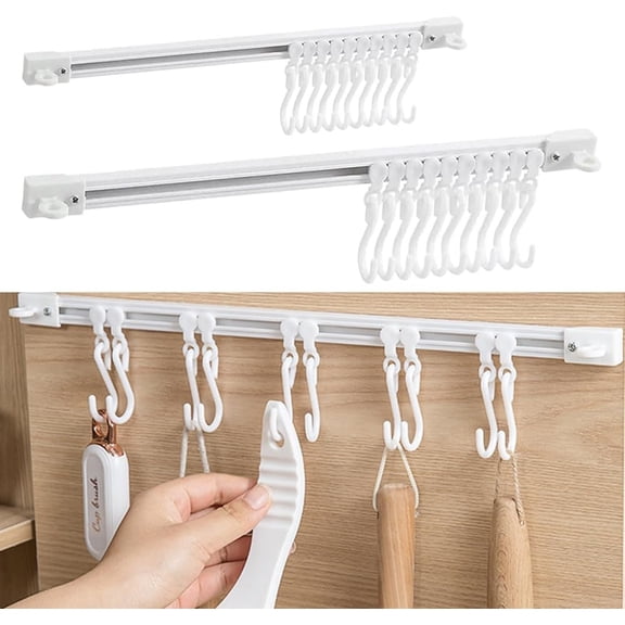 Utility Slide Rail Hook,NOGIS Under Cabinet Kitchen No Punching Hooks for Hanging Utensil,Bathroom Bedroom Office Wall Door Rack with 10 Hooks,15.7 and 11.8 Inches,2Pieces