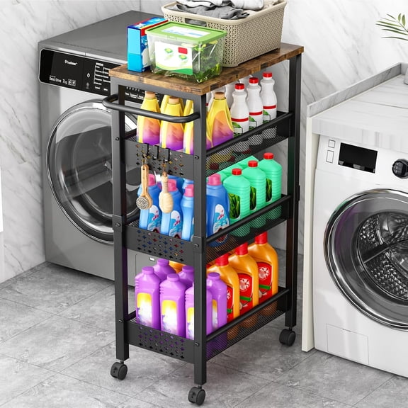 Utility Slim Storage Cart, 4 Tier Small Rolling Kitchen Laundry Room Cart with Wood Top, Metal Bathroom Storage Cabinet Mobile Shelf Unit Organizer Trolley with Handle for Narrow Space