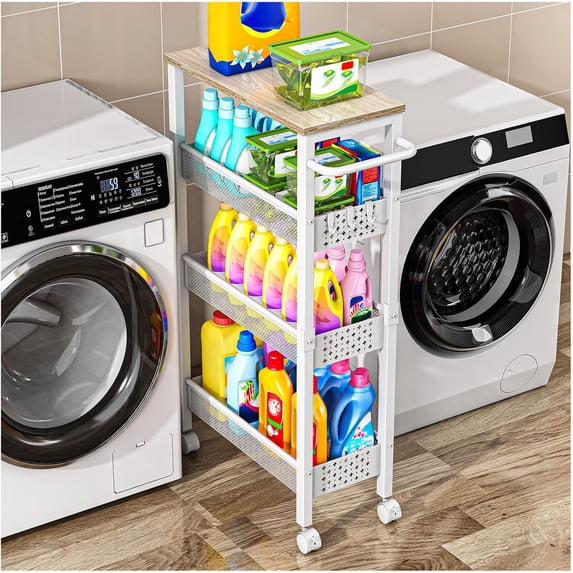 Utility Slim Storage Cart, 4 Tier Small Rolling Kitchen Laundry Room Cart with Wood Top, Metal Bathroom Storage Cabinet Mobile Shelf Unit Organizer Trolley with Handle for Narrow Space