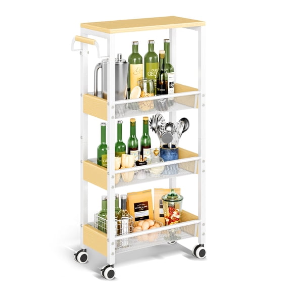 Utility Slim Storage Cart with Wheels, 4 Tier Slim Rolling Cart, Slim Rolling cart for Kitchen,Small Rolling Cart with Wood Top, Skinny Metal Organization Trolley Laundry with Handle for Small Space