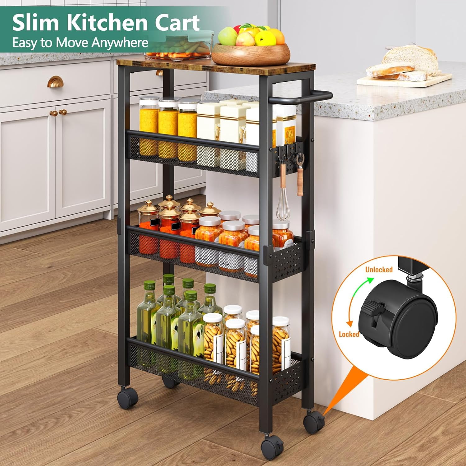 Utility Slim Storage Cart with Wheels, 4 Tier Small Rolling Cart with ...