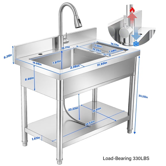 Utility Stainless Steel Sink, 31.5"D 19.6" W28.54" H Freestanding Sink with Retractable Cold and Hot Water Faucet,Hoses and Drain Kit for Kitchens, Bathrooms, Garage, Laundry Room