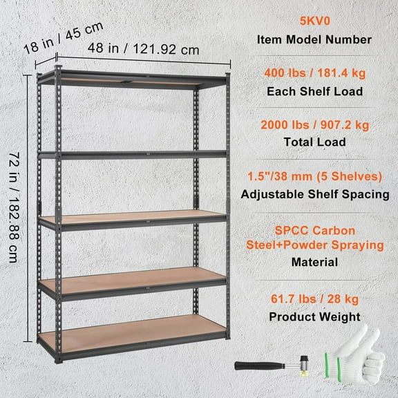 Utility Storage Rack, 5-Shelf Heavy Duty Shelving, 2000 lbs Capacity, Adjustable for Garage, Pantry, Laundry, 18" x 48" x 72", Black