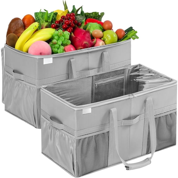 Utility Tote Bag, 2 Grocery Bags , Sturdy Structured Tote Bag with Pockets & Handles, Foldable Shopping Bags for Groceries, Collapsible Totes with 22x11.5x13in