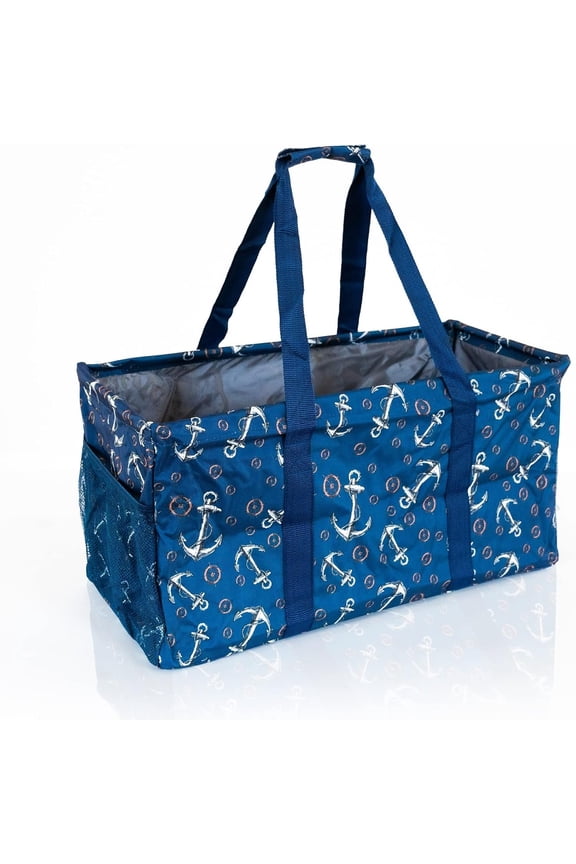 Utility Tote Bag - Collapsible Wire Frame Rectangular Canvas Basket With Two Exterior Pockets For Beach, Pool, Laundry, Trunk, Storage - Anchor