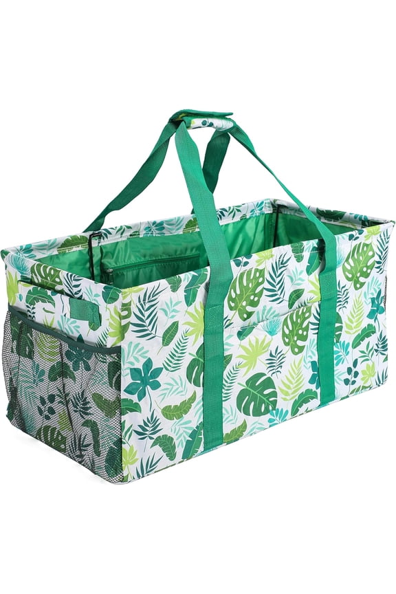 Utility Tote Bag,  Grocery Bags Foldable, Upgraded Metal Frame, With Sturdy Handles Reinforced Bottom Heavy Duty Oxford Fabric Moving Shopping Bags, Leaves