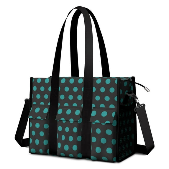 Utility Tote Bag for Women with 11 Pockets, Green Dots Teacher Tote with Top Zipper Closure & Thick Bottom Support, Waterproof Beach Bag Work Laptop Bag for Teachers, Students, Artist, Nurse Purse