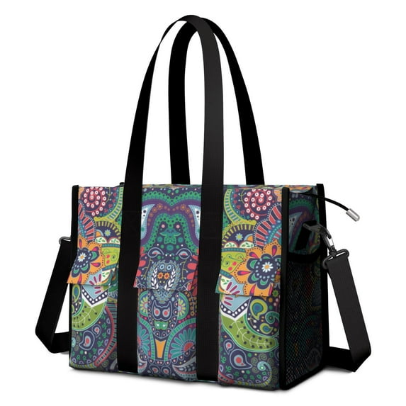 Utility Tote Bag for Women with 11 Pockets, Boho Teacher Tote with Top Zipper Closure & Thick Bottom Support, Waterproof Beach Bag Work Laptop Bag for Teachers, Students, Artist, Nurse Purse