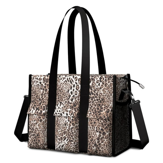 Utility Tote Bag for Women with 11 Pockets, Leopard Teacher Tote with Top Zipper Closure & Thick Bottom Support, Waterproof Beach Bag Work Laptop Bag for Teachers, Students, Artist, Nurse Purse