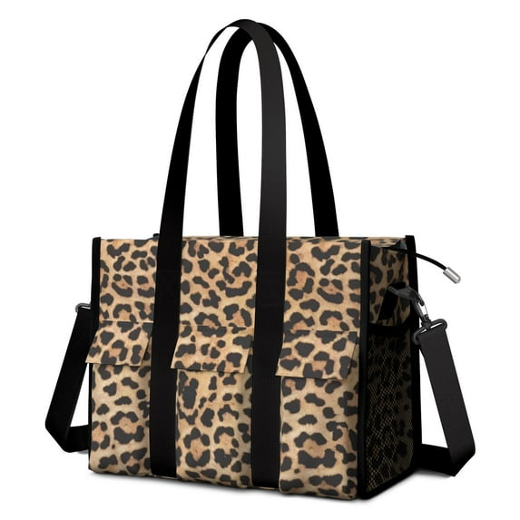 Utility Tote Bag for Women with 11 Pockets, Leopard Teacher Tote with Top Zipper Closure & Thick Bottom Support, Waterproof Beach Bag Work Laptop Bag for Teachers, Students, Artist, Nurse Purse