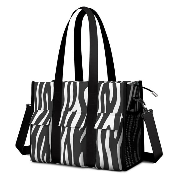 Utility Tote Bag for Women with 11 Pockets, Zebra Stripe Teacher Tote with Top Zipper Closure & Thick Bottom Support, Waterproof Beach Bag Work Laptop Bag for Teachers, Students, Artist, Nurse Purse