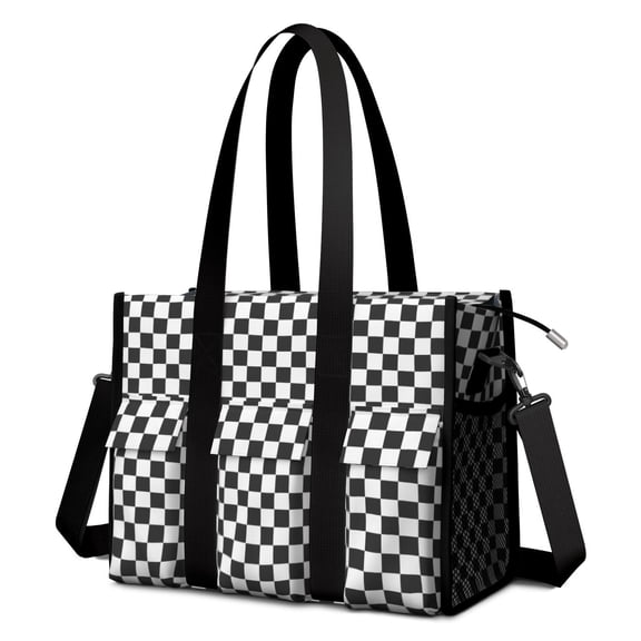 Utility Tote Bag for Women with 11 Pockets, Checkered Teacher Tote with Top Zipper Closure & Thick Bottom Support, Waterproof Beach Bag Work Laptop Bag for Teachers, Students, Artist, Nurse Purse
