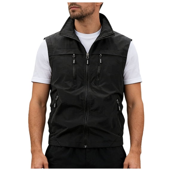 Utility Vest for Men with Pockets Summer, Outdoor Lightweight Outerwear Vest for Hiking Fishing Photo Work, Black 2XL